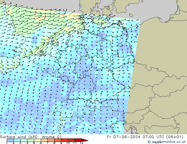 wiatr 10 m (bft) Arome 01 pt. 07.06.2024 07 UTC