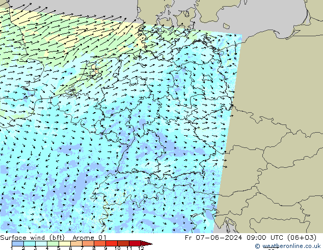 wiatr 10 m (bft) Arome 01 pt. 07.06.2024 09 UTC