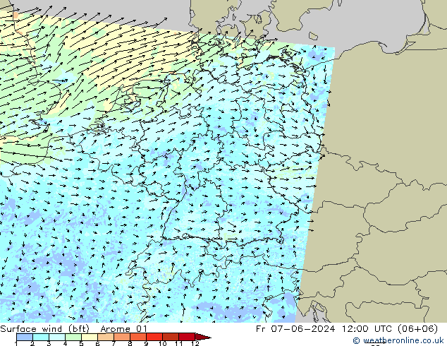 Vento 10 m (bft) Arome 01 Sex 07.06.2024 12 UTC