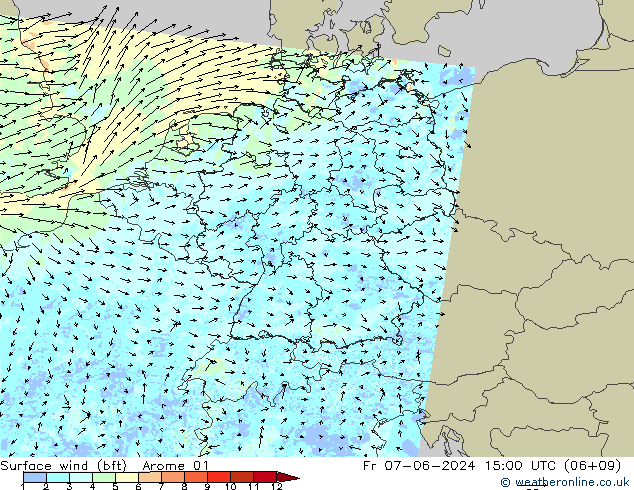 Vento 10 m (bft) Arome 01 Sex 07.06.2024 15 UTC