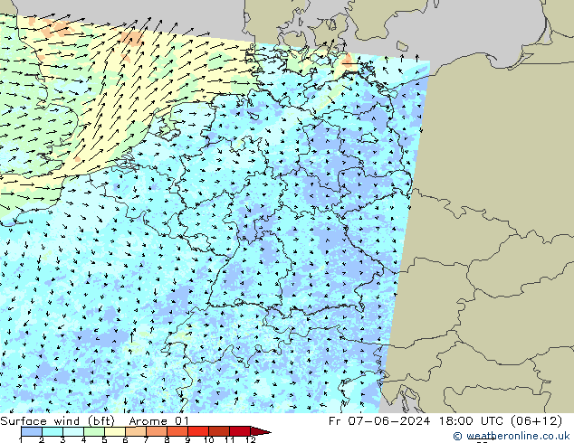 wiatr 10 m (bft) Arome 01 pt. 07.06.2024 18 UTC