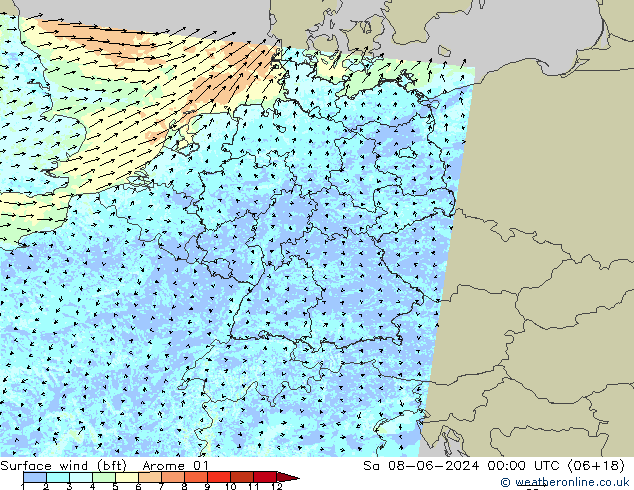 ве�Bе�@ 10 m (bft) Arome 01 сб 08.06.2024 00 UTC