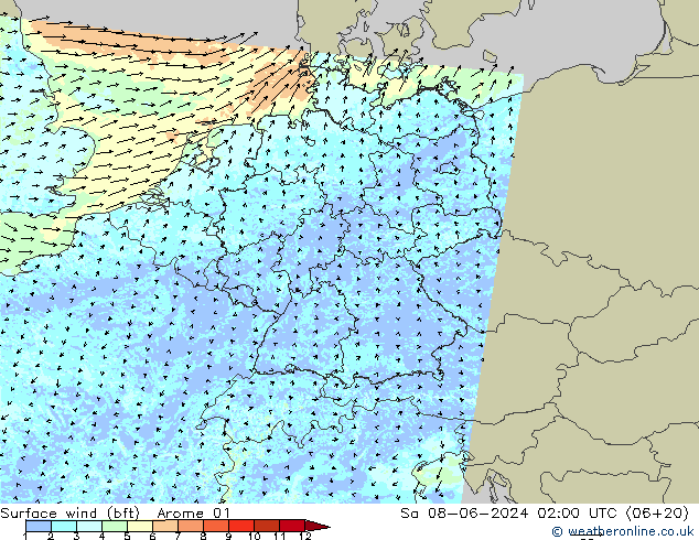 Vento 10 m (bft) Arome 01 sab 08.06.2024 02 UTC