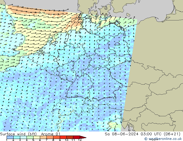 Bodenwind (bft) Arome 01 Sa 08.06.2024 03 UTC