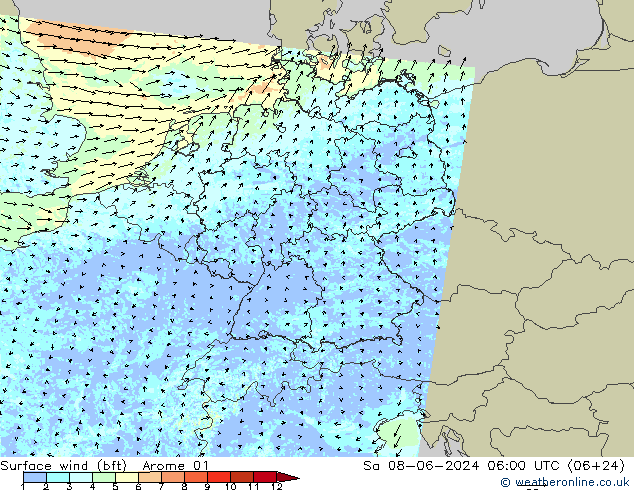 wiatr 10 m (bft) Arome 01 so. 08.06.2024 06 UTC