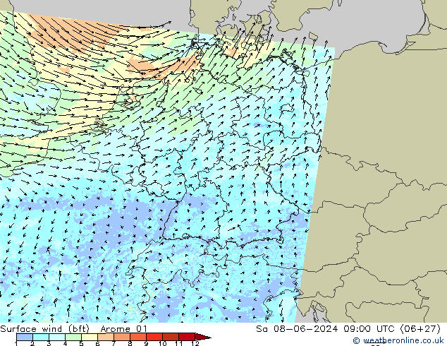 Bodenwind (bft) Arome 01 Sa 08.06.2024 09 UTC