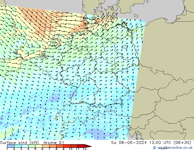 Rüzgar 10 m (bft) Arome 01 Cts 08.06.2024 12 UTC