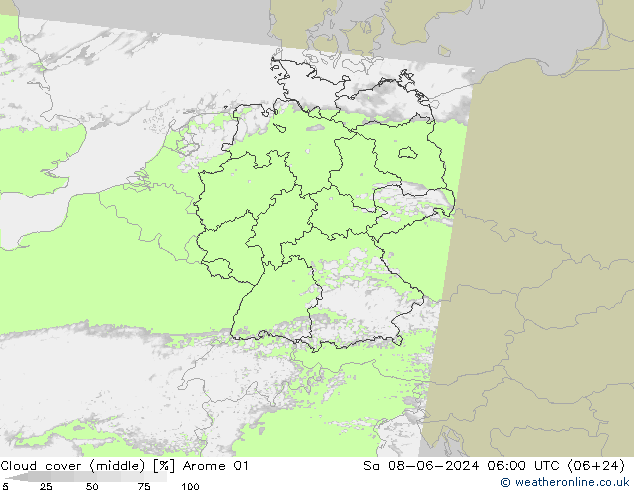 Cloud cover (middle) Arome 01 Sa 08.06.2024 06 UTC