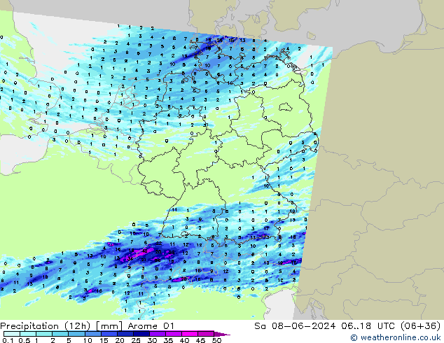 Précipitation (12h) Arome 01 sam 08.06.2024 18 UTC