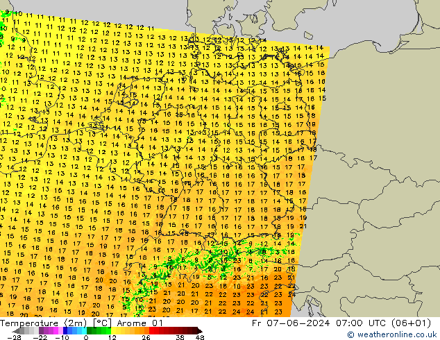 Temperaturkarte (2m) Arome 01 Fr 07.06.2024 07 UTC