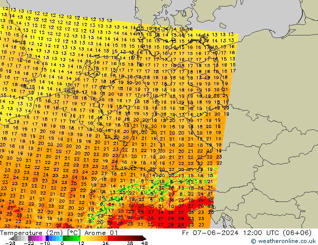 Temperature (2m) Arome 01 Pá 07.06.2024 12 UTC