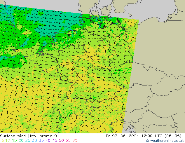 Viento 10 m Arome 01 vie 07.06.2024 12 UTC