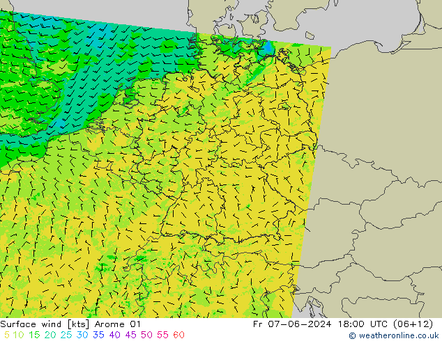 Rüzgar 10 m Arome 01 Cu 07.06.2024 18 UTC