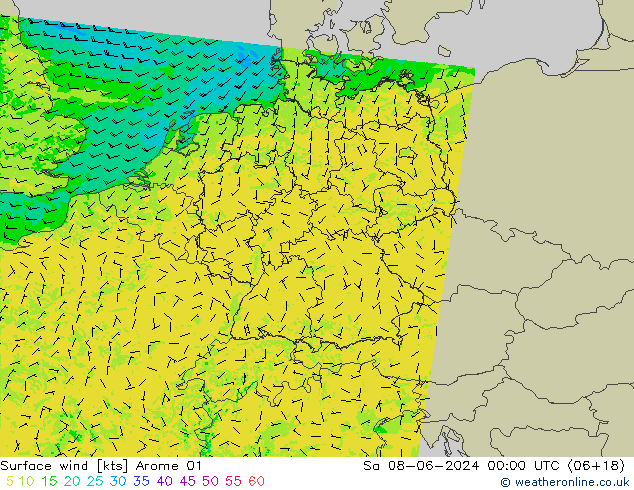 Vent 10 m Arome 01 sam 08.06.2024 00 UTC