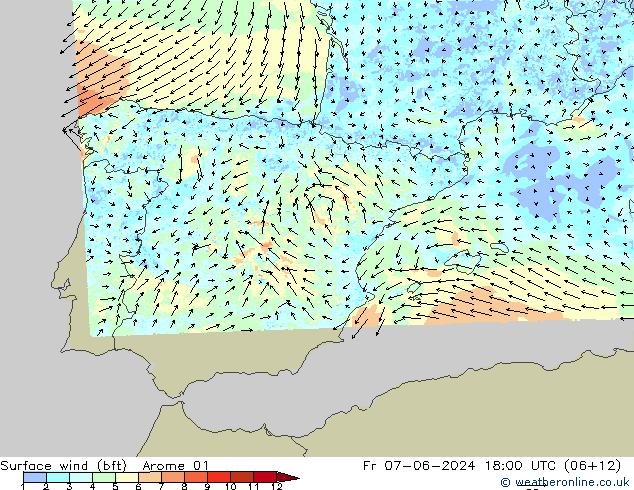 Vento 10 m (bft) Arome 01 ven 07.06.2024 18 UTC