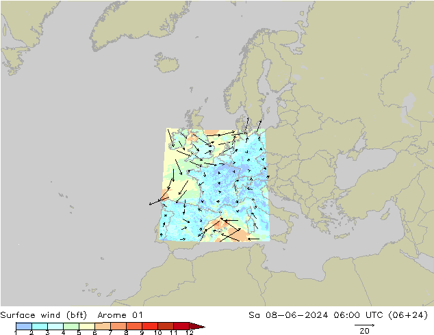Rüzgar 10 m (bft) Arome 01 Cts 08.06.2024 06 UTC