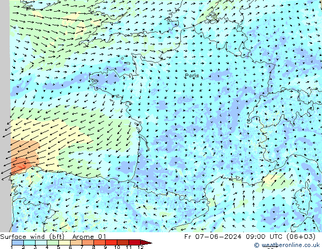 Bodenwind (bft) Arome 01 Fr 07.06.2024 09 UTC