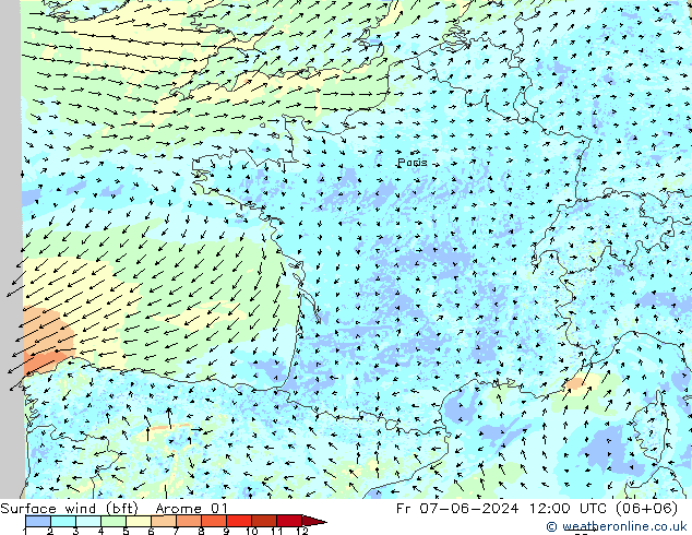 Bodenwind (bft) Arome 01 Fr 07.06.2024 12 UTC