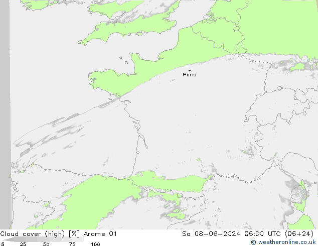 Cloud cover (high) Arome 01 Sa 08.06.2024 06 UTC