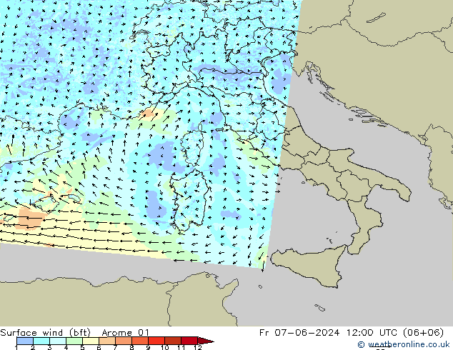 Surface wind (bft) Arome 01 Fr 07.06.2024 12 UTC