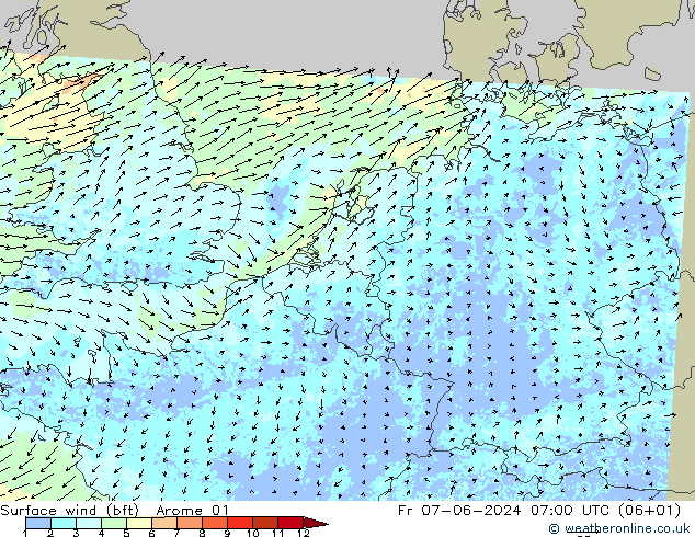 Wind 10 m (bft) Arome 01 vr 07.06.2024 07 UTC