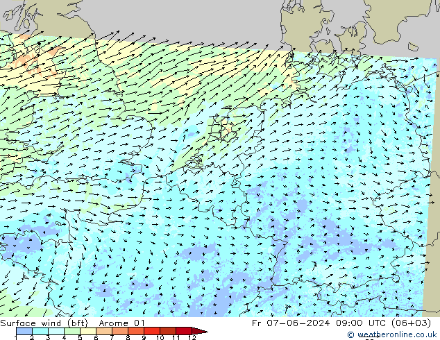 Wind 10 m (bft) Arome 01 vr 07.06.2024 09 UTC