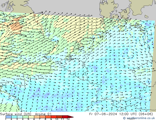 Bodenwind (bft) Arome 01 Fr 07.06.2024 12 UTC