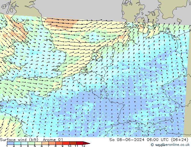 Surface wind (bft) Arome 01 Sa 08.06.2024 06 UTC