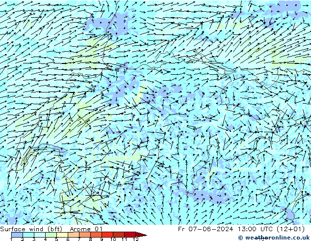 Rüzgar 10 m (bft) Arome 01 Cu 07.06.2024 13 UTC