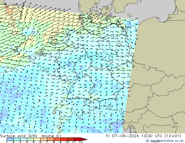 Vento 10 m (bft) Arome 01 Sex 07.06.2024 13 UTC