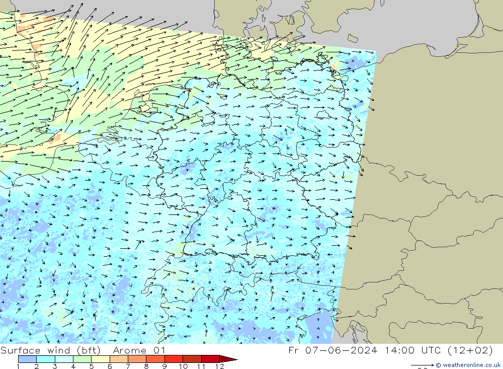 Surface wind (bft) Arome 01 Pá 07.06.2024 14 UTC