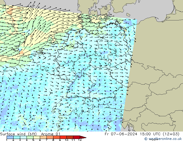 Vento 10 m (bft) Arome 01 Sex 07.06.2024 15 UTC