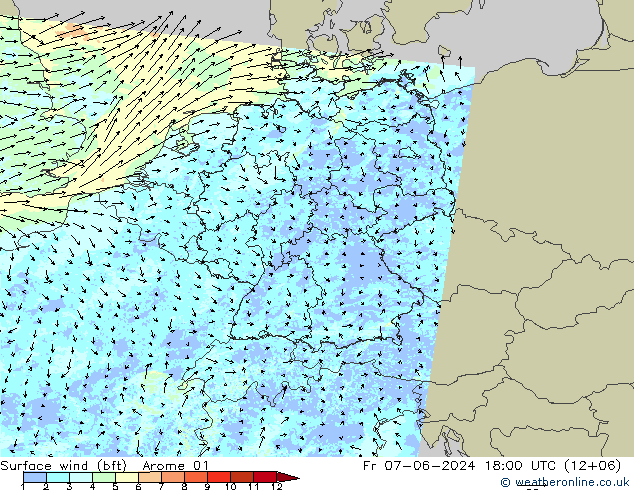 Wind 10 m (bft) Arome 01 vr 07.06.2024 18 UTC