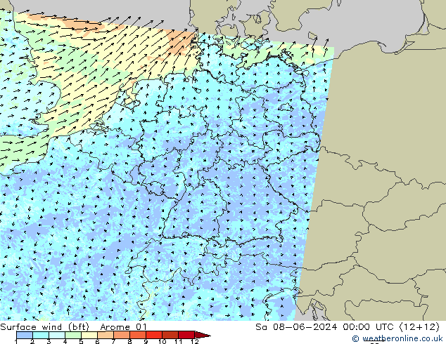Surface wind (bft) Arome 01 So 08.06.2024 00 UTC