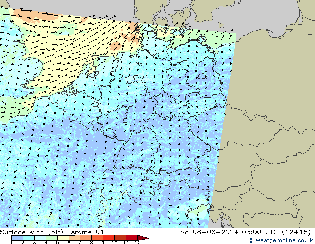 wiatr 10 m (bft) Arome 01 so. 08.06.2024 03 UTC