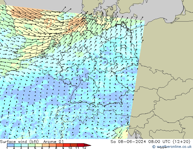 ве�Bе�@ 10 m (bft) Arome 01 сб 08.06.2024 08 UTC