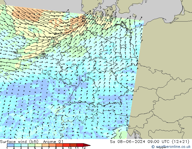 Wind 10 m (bft) Arome 01 za 08.06.2024 09 UTC