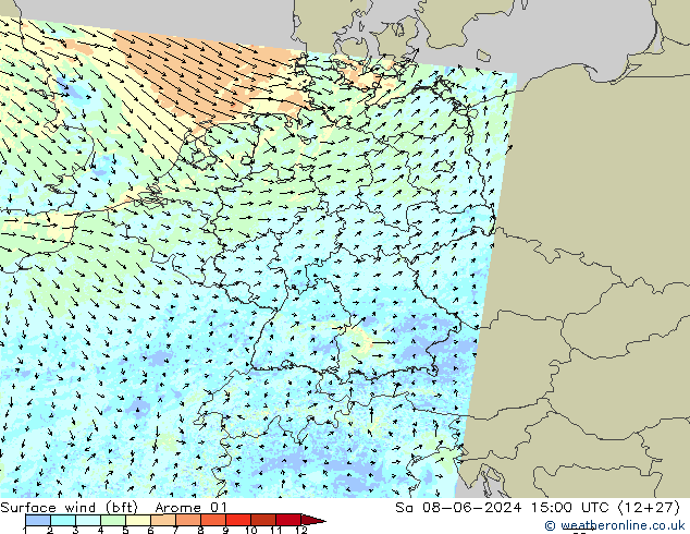 Surface wind (bft) Arome 01 So 08.06.2024 15 UTC