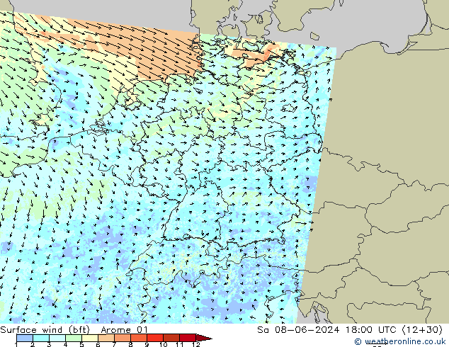 Surface wind (bft) Arome 01 So 08.06.2024 18 UTC