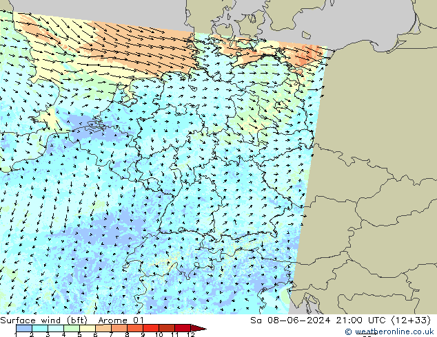Wind 10 m (bft) Arome 01 za 08.06.2024 21 UTC