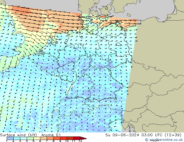 Vent 10 m (bft) Arome 01 dim 09.06.2024 03 UTC