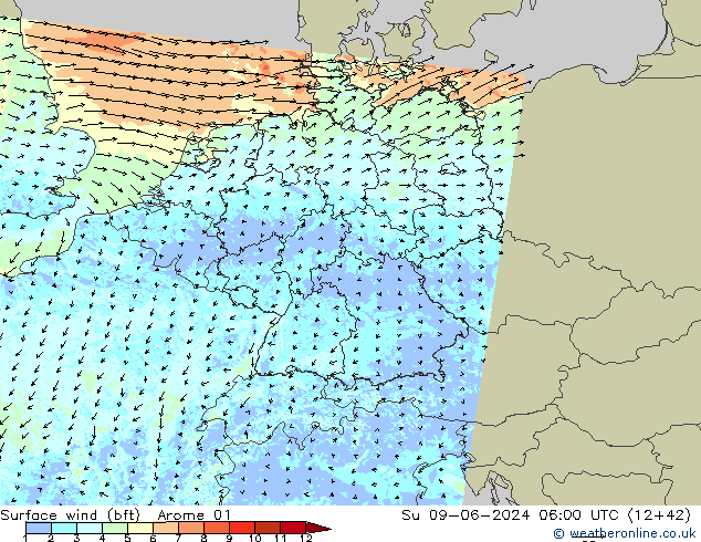 Wind 10 m (bft) Arome 01 zo 09.06.2024 06 UTC