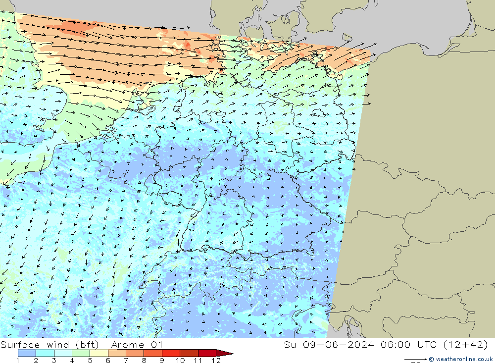 Wind 10 m (bft) Arome 01 zo 09.06.2024 06 UTC