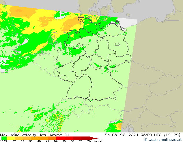 Max. wind velocity Arome 01 sáb 08.06.2024 08 UTC