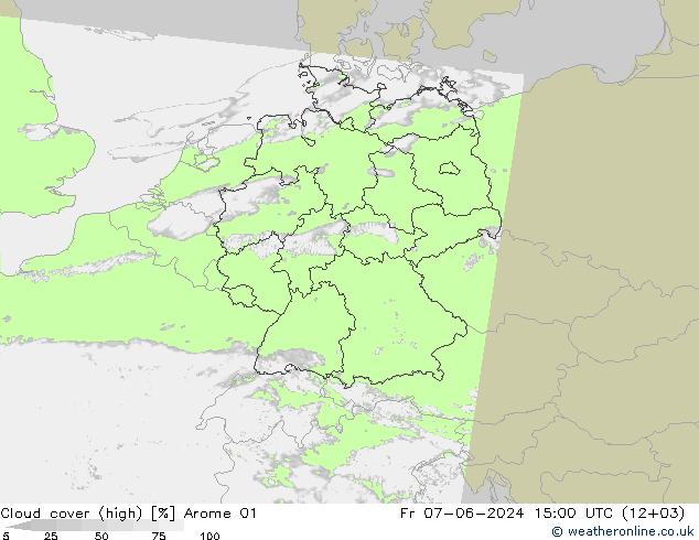 Cloud cover (high) Arome 01 Fr 07.06.2024 15 UTC