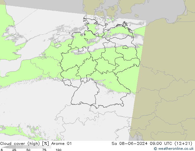 Cloud cover (high) Arome 01 Sa 08.06.2024 09 UTC