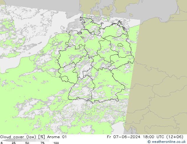 Cloud cover (low) Arome 01 Fr 07.06.2024 18 UTC