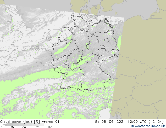 Cloud cover (low) Arome 01 Sa 08.06.2024 12 UTC