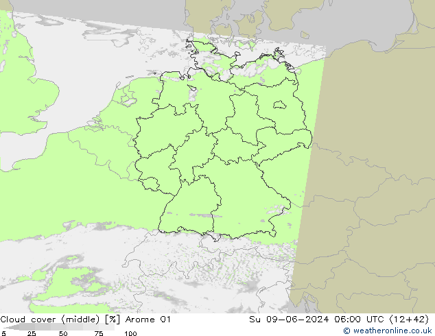 Cloud cover (middle) Arome 01 Su 09.06.2024 06 UTC