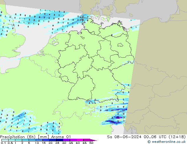 Totale neerslag (6h) Arome 01 za 08.06.2024 06 UTC